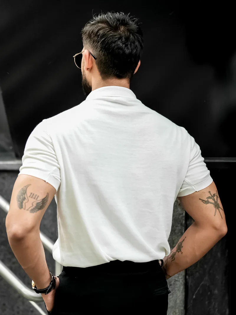 Maniac Maniac Mens Solid Textured Polo Neck Half Sleeve White Cotton T-Shirt
